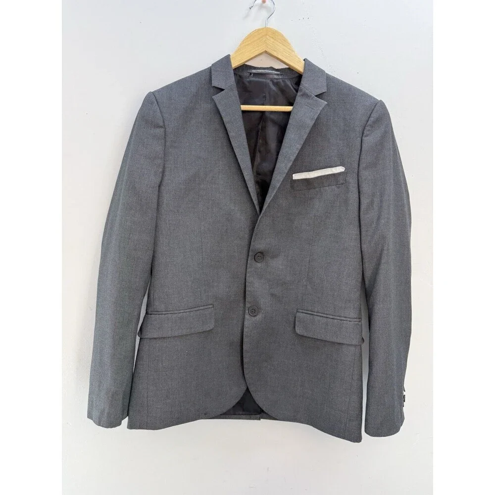 HM Slim Fit Blazer Mens 38R Gray Elbow Patches Two Button Sport Coat Jacket - Picture 1 of 10